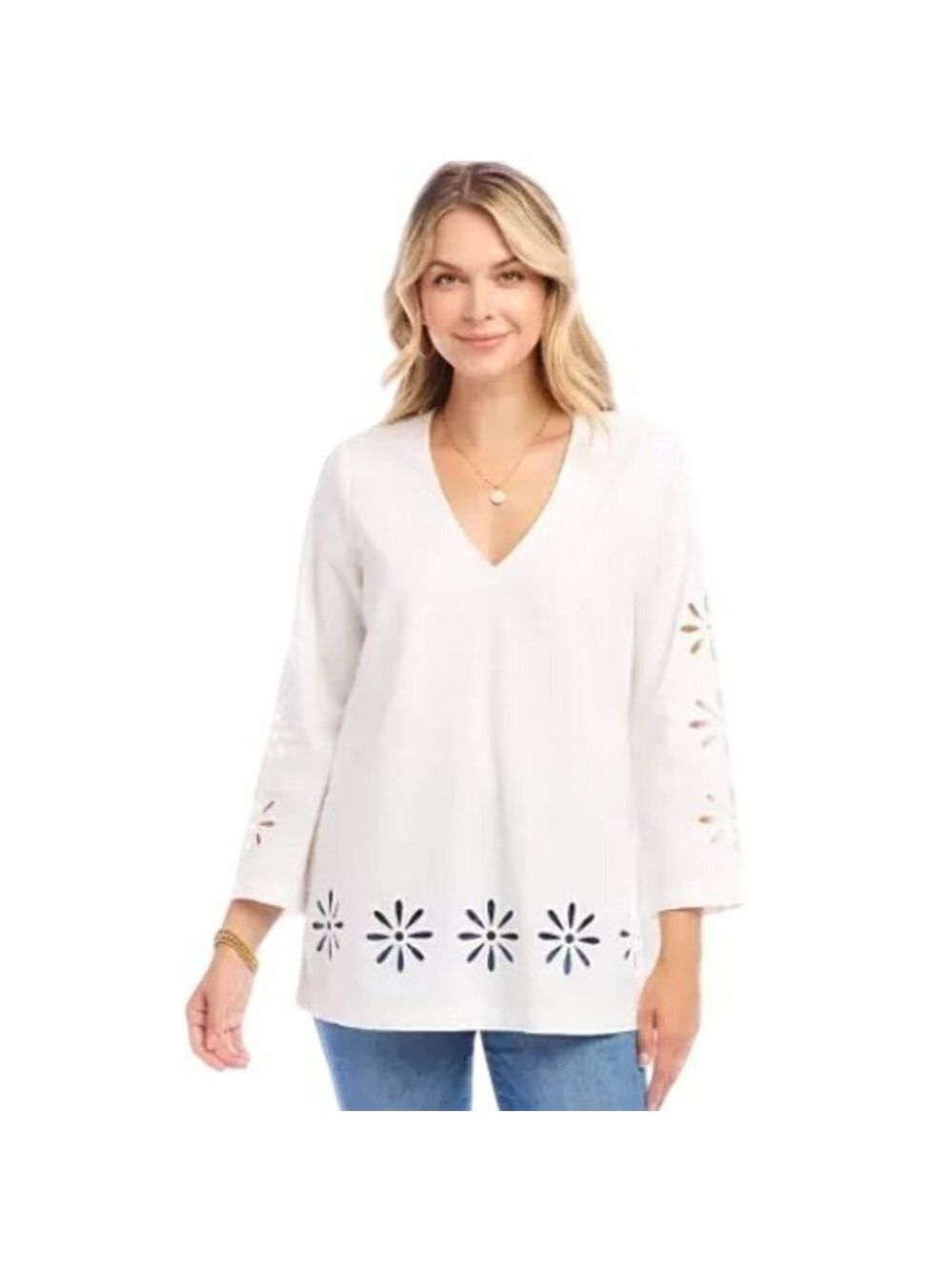 Karen Kane Cutout Embroidered Flower Detail Tunic In White Sz S